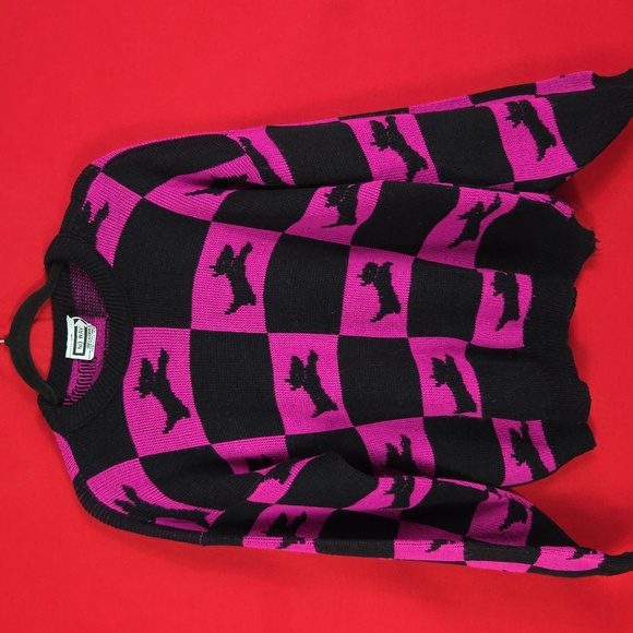 Vintage Sweaters - VINTAGE Checkered Dog Sweater Fuchsia Black Womens Size Medium